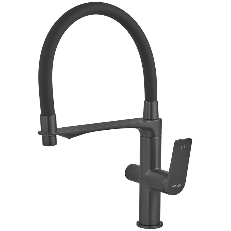 kcs-21d33db82b666dc7c78f58de.png Змішувач для кухні MIXXUS PREMIUM DERBY 021 NUT BLACK REFL.BLACK з гнучким виливом з виходом для питної води (Колір чорний+вилив чорний) (MI6606)
