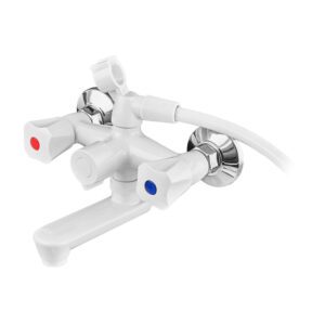 Змішувач для ванни PLAMIX OMEGA-142 EURO SET WHITE (зі шлангом, лійкою та кронштейном) (Колір білий) (MX9699)
