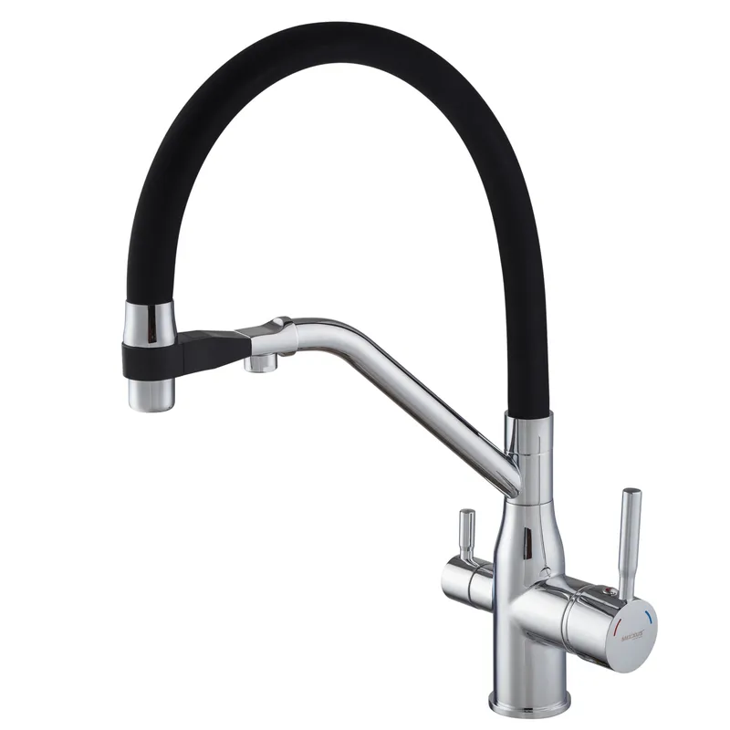kcs-81275a33de4bb6dce32a4d46.png Змішувач для кухні MIXXUS PREMIUM GRAVITY 021 REFL.BLACK з гнучким виливом з виходом для питної води (Колір хром+вилив чорний) (MI6977)